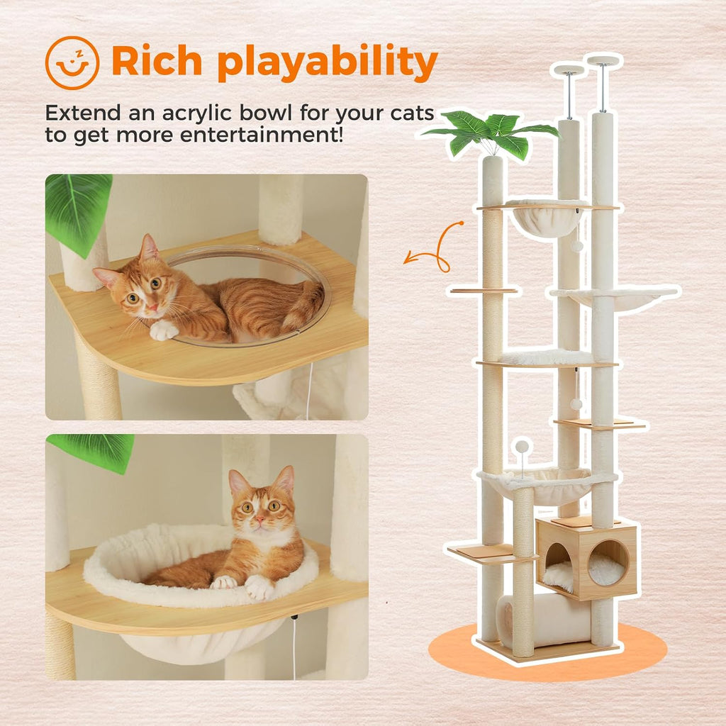 Floor to Ceiling Cat Tree, 93-101'' Adjustable Wooden Tower, Beige