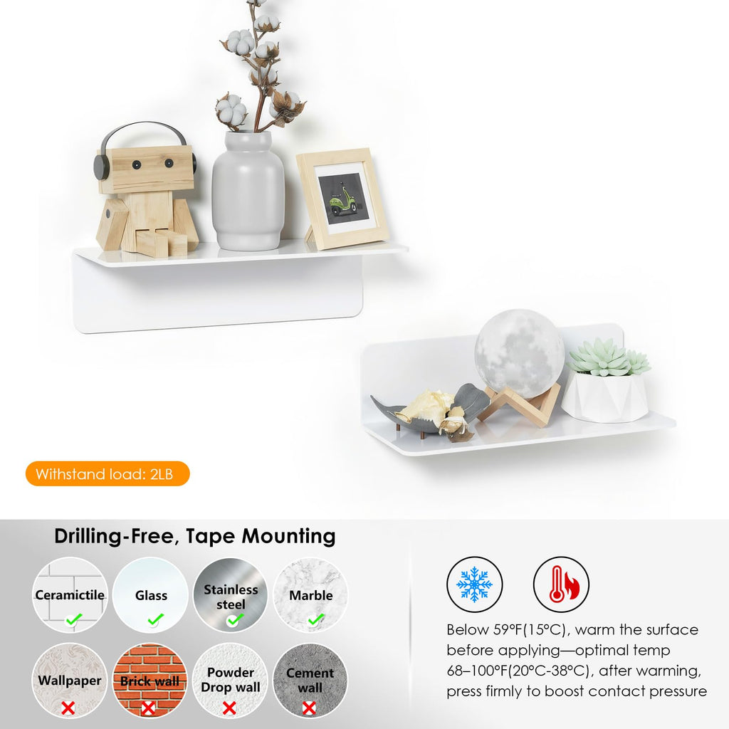 Acrylic Floating Wall Shelves White, No Drill, 9 Inch 2 Pack