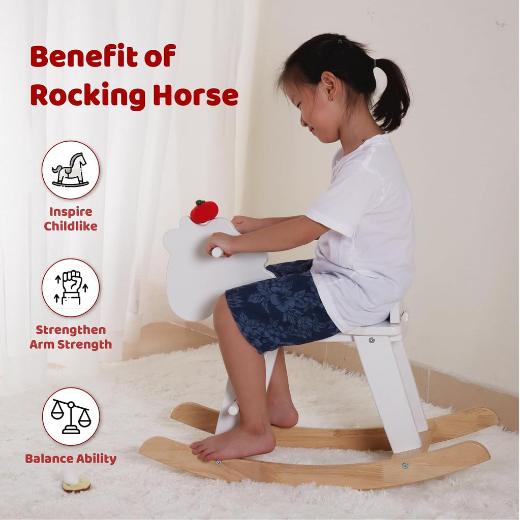 White Wooden Rocking Horse for Preschool (Ages 3-6) - Solid Rubber Wood, Safe & Comfortable Footrest, Supports