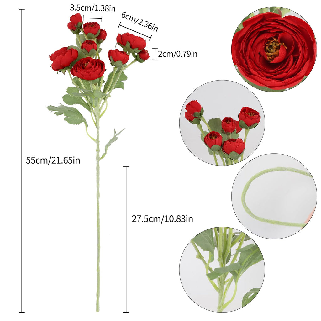 Silk Ranunculus Artificial Flowers 5PCS Long Stem Red Fake Peonies 21.65" Real Look Faux Ranunculus Flowers for