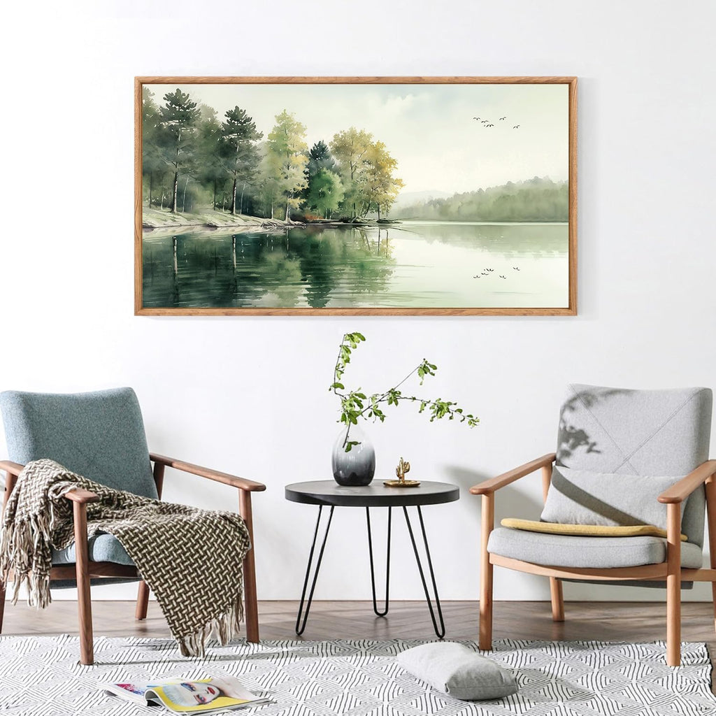 Framed Nature Canvas Wall Art Set,Misty Forest Wall Decor,Green Mountain Forest Pictures,Lake Water Painting set of