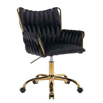 Modern Velvet Home Office Desk Chair with Hand Woven Backrest, Black