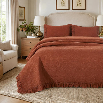 Quilt Set Cotton Luxury Farmhouse Comforter Set Burnt Orange Matelasse Coverlet Set Ruffle Bedspread 3-Piece