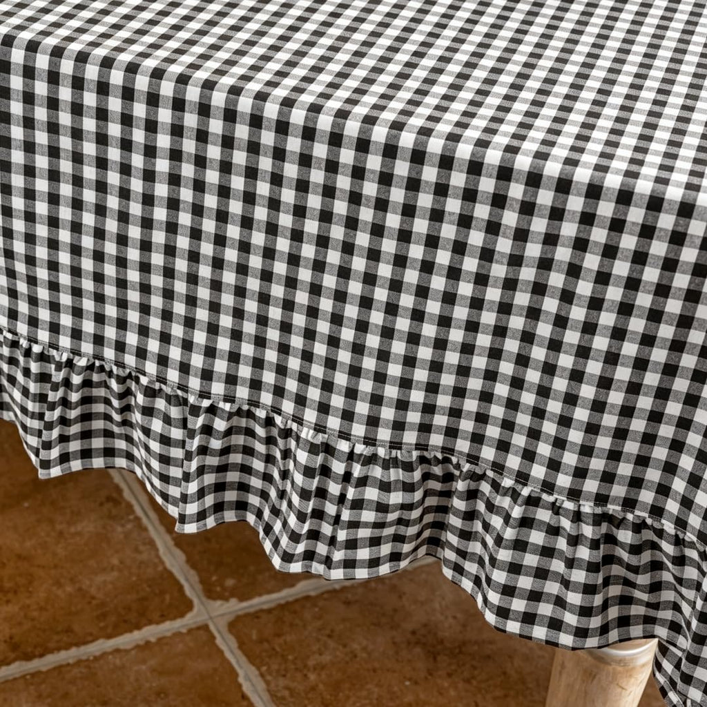 Black White Buffalo Plaid Rectangle Tablecloth with Ruffle Edge, Farmhouse Linen Blend Decorative Table Cover