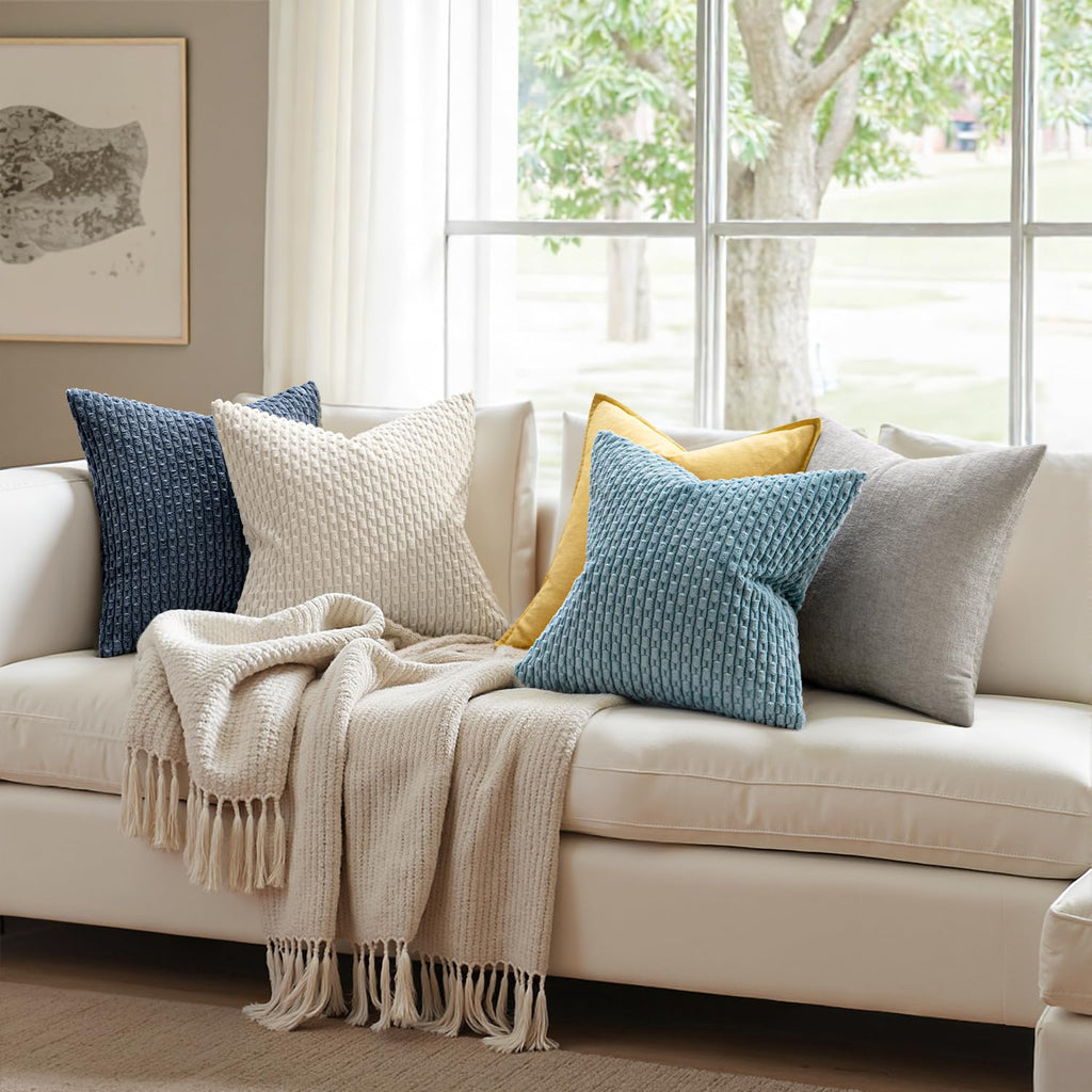 Decorative Throw Pillow Covers 20x20 Cream White Textured Corduroy