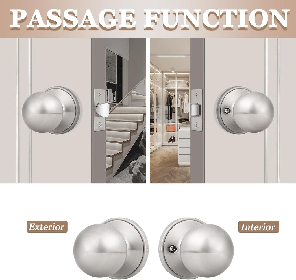 8 Pack Interior Round Passage Keyless Door Knobs Door Lock Lockset Without Key Doorknobs Satin Nickel for
