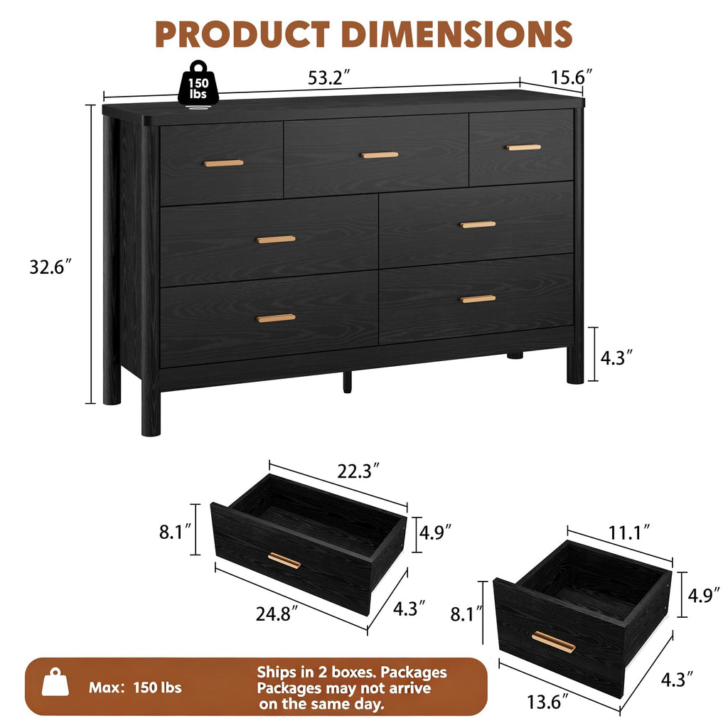 7 Drawer Dresser, Modern Wooden Storage Chest of Drawers, Black