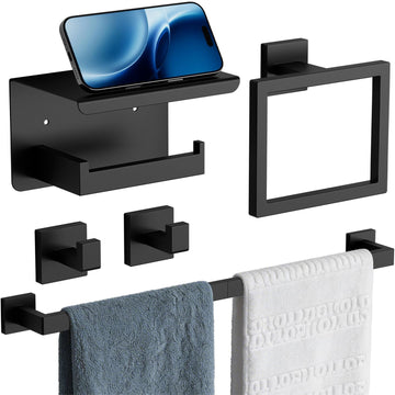 5-Piece Matte Black Bathroom Towel Bar Set, 24" Bathroom Hardware Kit