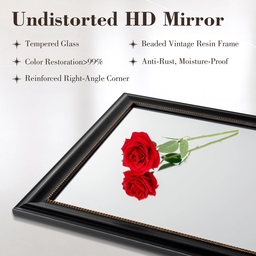 24x36 Rectangular Wall Mirror, Decorative Bathroom Mirror, Traditional Vintage Wall Mounted Mirror with Beaded Frame