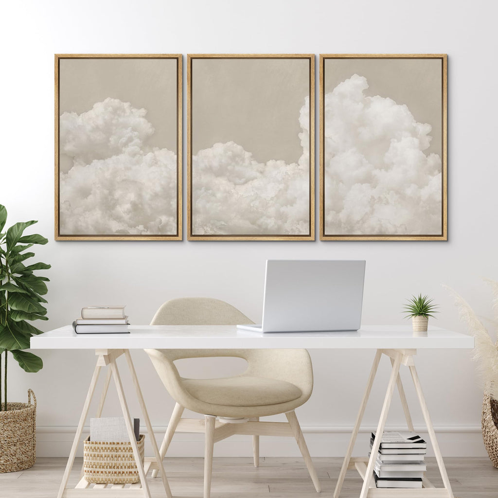 Framed Wall Art Print Set Serene Sky Filled with Fluffy Clouds Illustrations Modern Art Decorative Colorful Chic