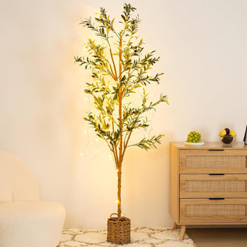 6ft Artificial Olive Tree with LED Fairy Lights, Tall Faux Potted Plant with Woven Basket - Natural Wooden Trunk &