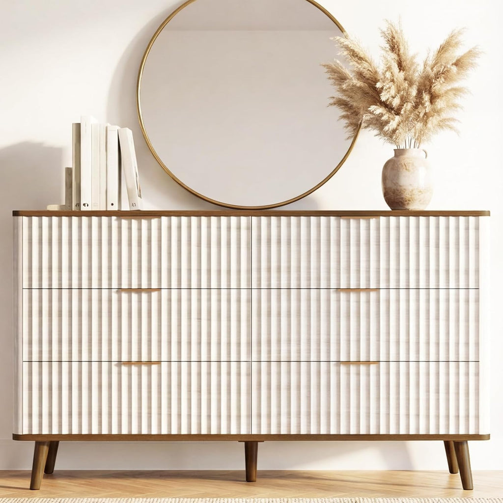 Fluted 6 Drawers Dresser, 47" Wide Wooden Chest of Drawers, Modern Mid Century Storage Closet Long Large Dresser