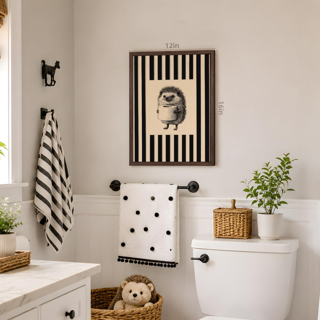 Funny Hedgehog Bathroom Wall Art, Cute Hedgehog Holding Toilet Paper Decor, Beige and Black Stripe Restroom Poster