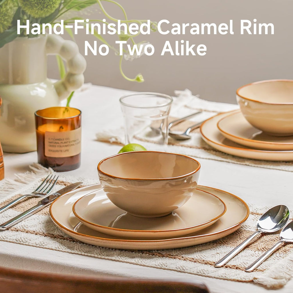 Stoneware Dinnerware Sets for 4, Reactive Glaze Plates and Bowls, Beige