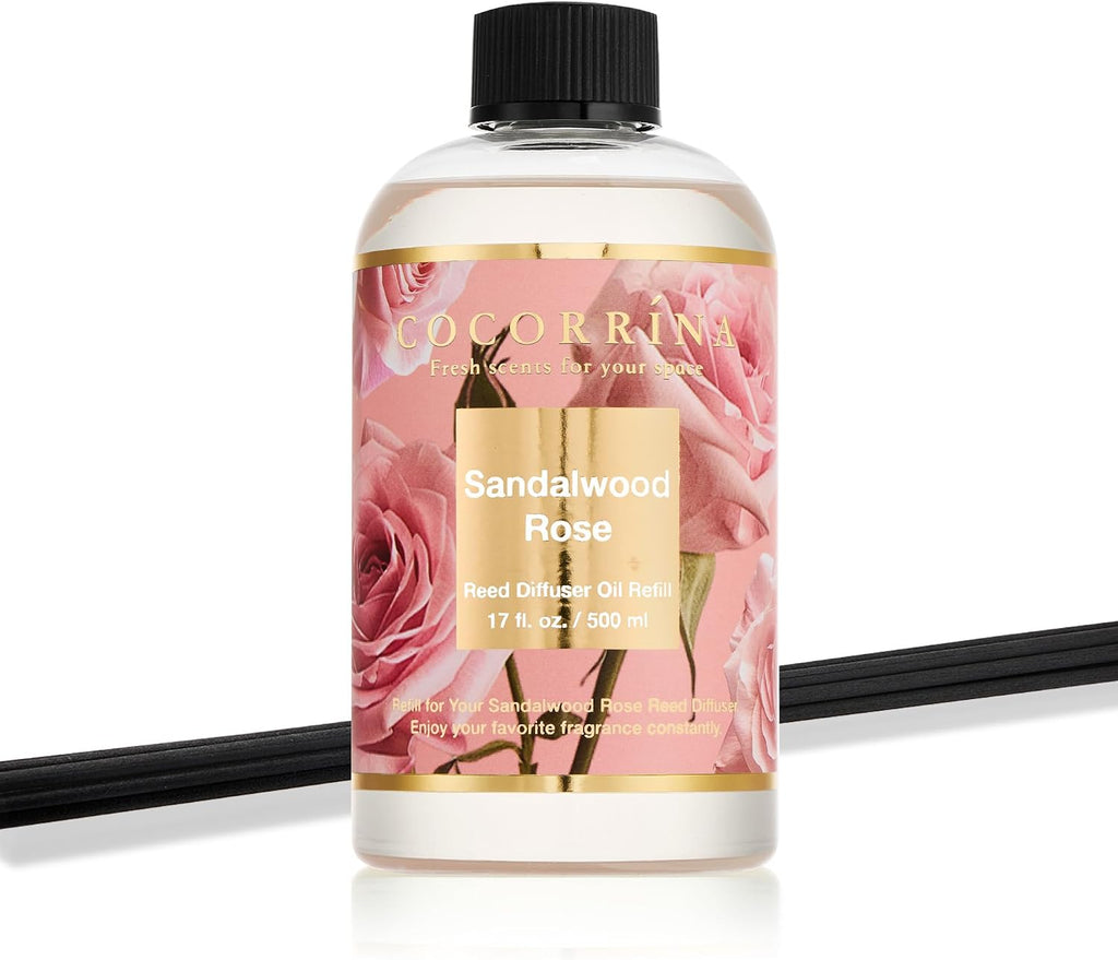 Reed Diffuser Refill Sandalwood Rose 17oz (500ml) with 8 Sticks - Premium Long-Lasting Floral Essential Oil, Home - Set of 17