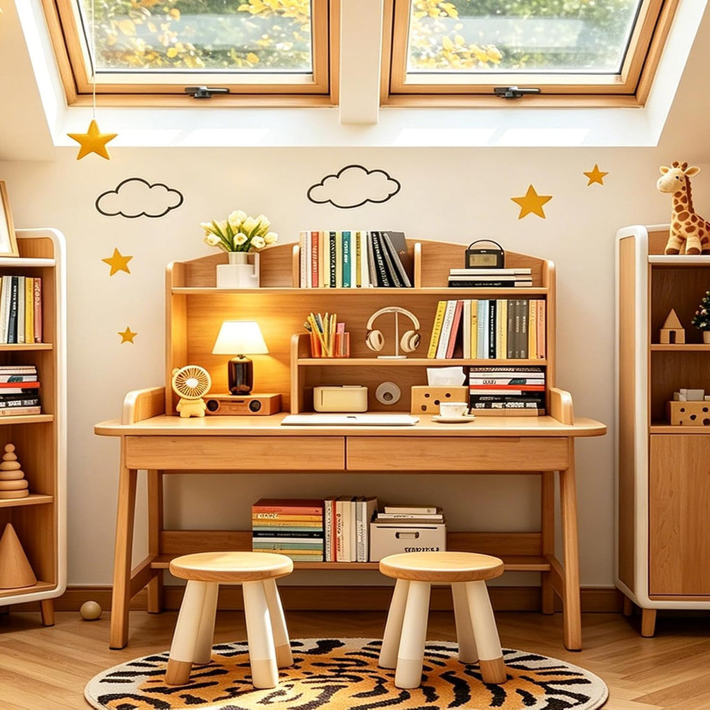 Kids Study Desk with Hutch and Storage Drawers, Level Height Adjustable Children's Writing Table with 2 Drawers