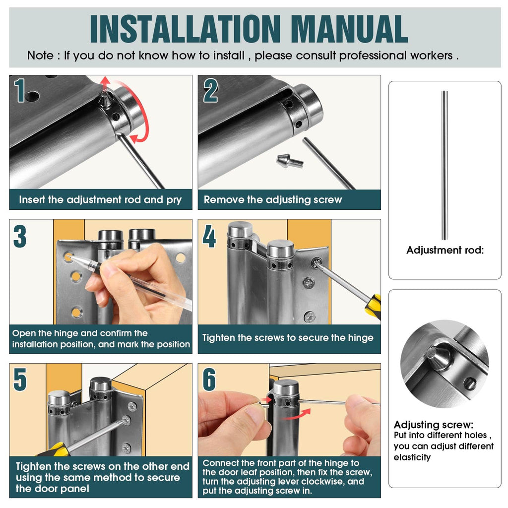 6in Double Action Spring Hinge, Self-Closing Door Hinges with Pins & Screws