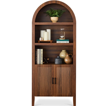 72" Tall Arched Pantry Cabinet w/Reeded Doors, 5-Tier Bookshelf, Armoire, Hutch, Bookcase, Storage Cabinet