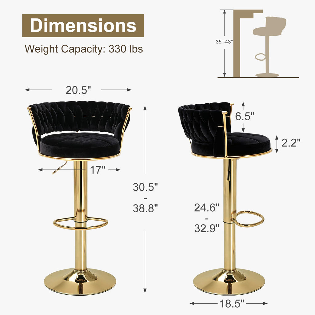 Bar Stools Set of 4, Modern-Contemporary Velvet Woven Counter Height Stools with Back and Arms, 360 Swivel Bar Chair