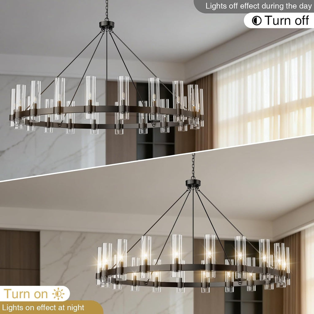 Inspired Ravelle Style 60 Inch Black Wagon Wheel Chandelier with Glass Shade, 20 Lights, Modern Farmhouse Style, Ideal for Dining Room, Kitchen, Entryways