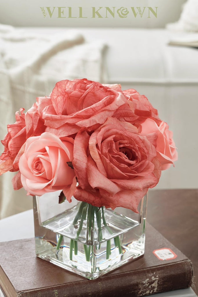 Rose Artificial Flowers in Vase with Faux Water, Silk Rose Table Centerpieces Coffee Table Decor, Bean Pasty Pink