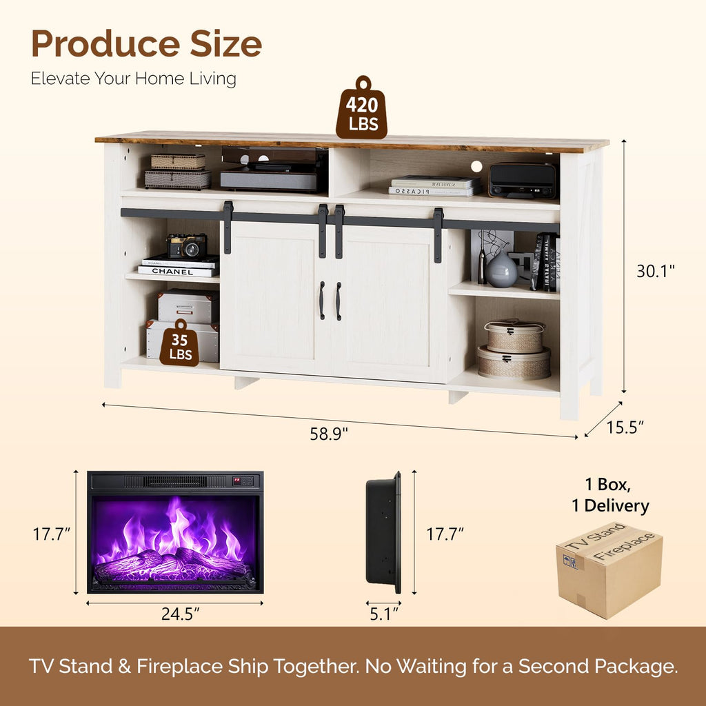 58" Fireplace TV Stand with Barn Doors for 65" TVs, 1 Package, White