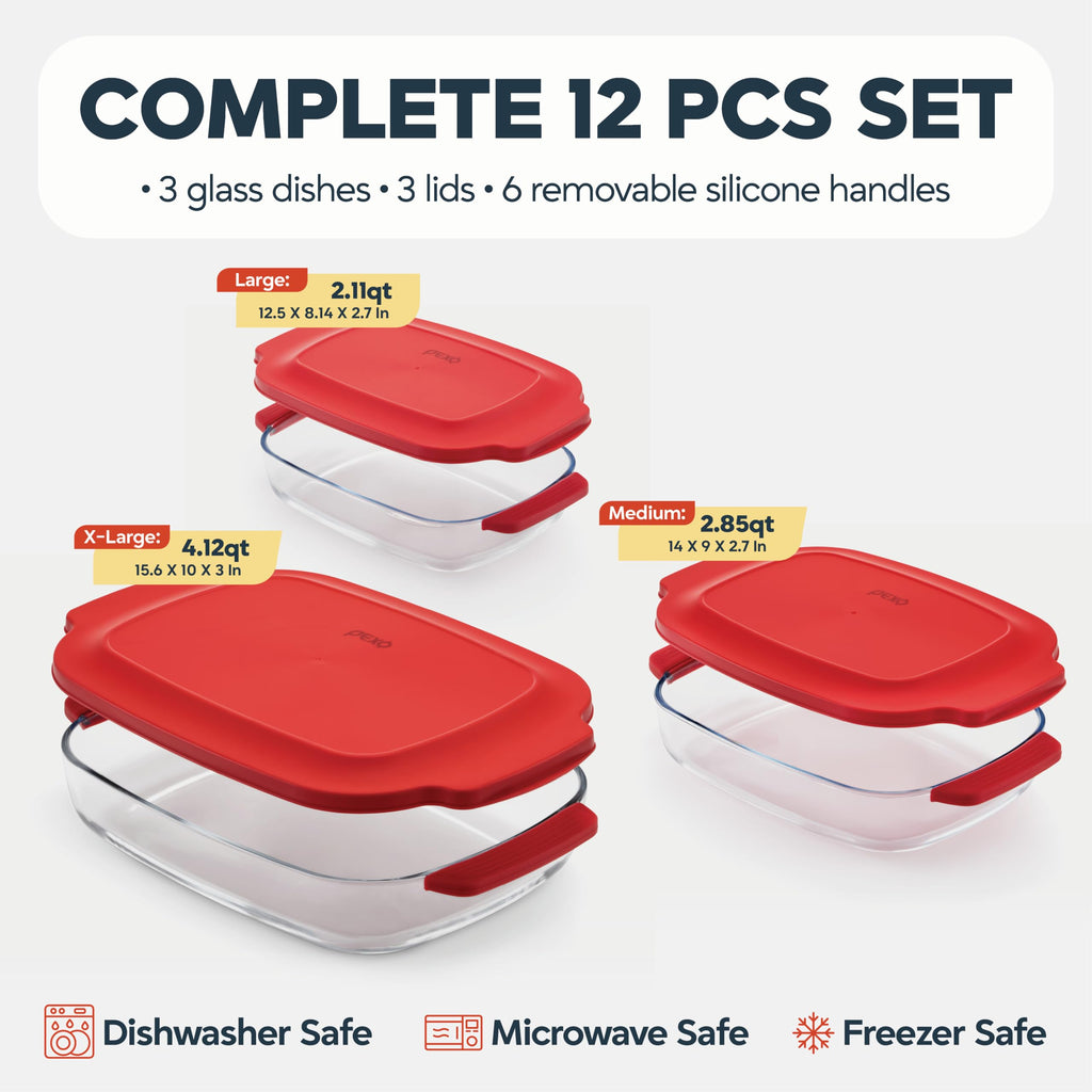 6-Piece Deep Glass Baking Dishes with Plastic Lids, Clear Glass Bakeware with Silicone Handles, (2.11QT, 3QT, 4.12QT)