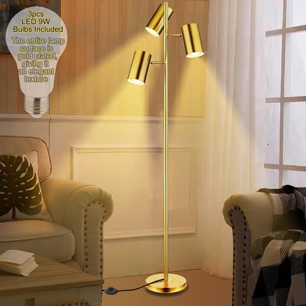Tree Floor Lamp with 3 Light Bulbs, Gold Standing Tall Pole Lamp with 3 Adjustable Rotating Lights, Farmhouse Floor