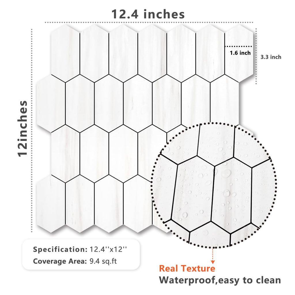 Long Hexagon Peel and Stick Backsplash Tile - 10 Sheets Stick on Backsplash 12.4 x 12 Inch Dolomite Marble Look PVC