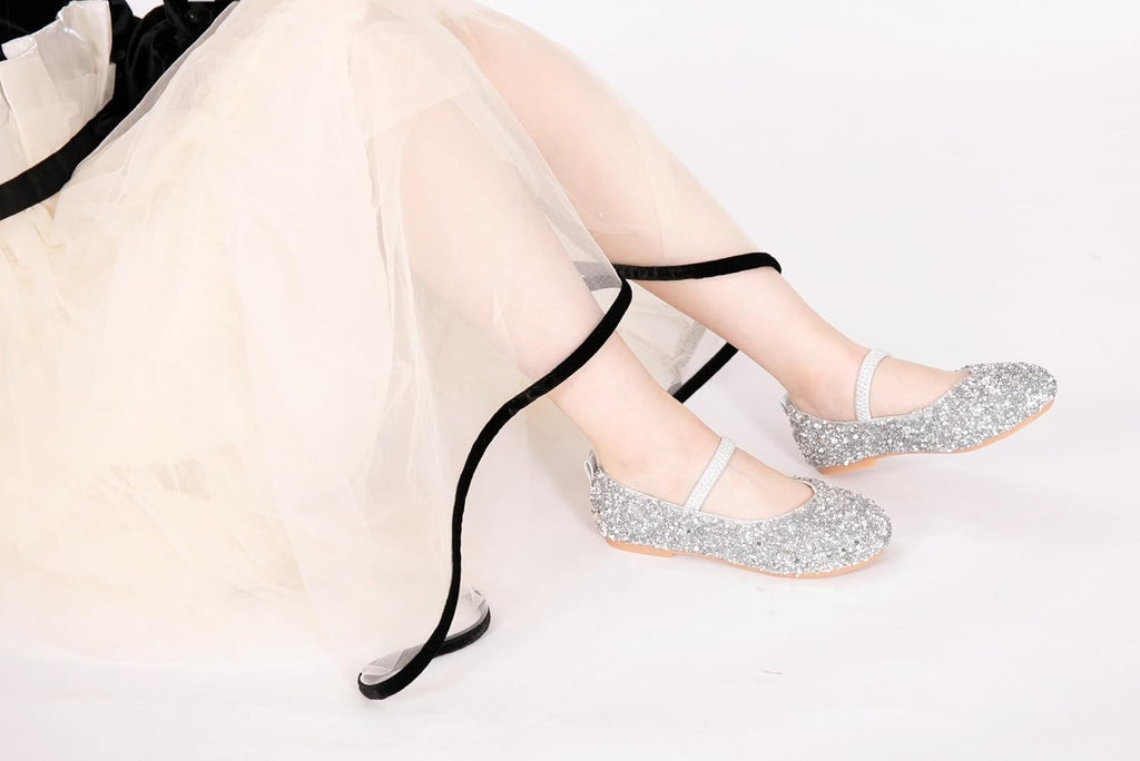 Girls Classic Slip on Mary Jane Ballet Flats Glitter Wedding Party Bridesmaids Flower Girl Princess Dress Shoes