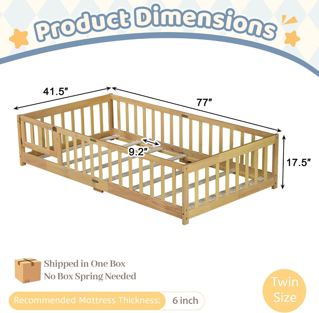 Montessori Floor Bed with Slats and Door, Solid Wood Floor Bed Frame with High Rails, Low Wooden Kids Beds