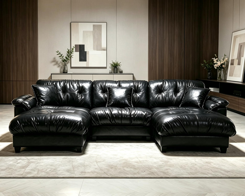 124" Black Leather U Shape Cloud Couch, 3 Seat Modular Sectional Sofa