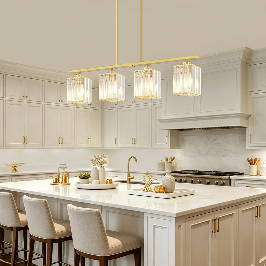 31.89" Brushed Gold Linear Chandelier Crystal Island Lights