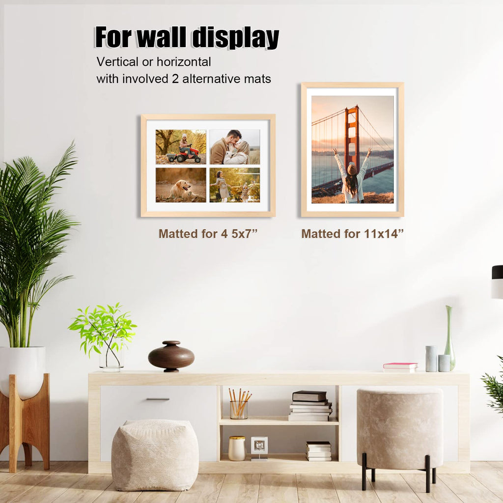 12x16 Collage Picture Frame, Natural Solid Wood Frame with Acrylic Plexiglass for 11x14 Photos or Four 5x7 Photos