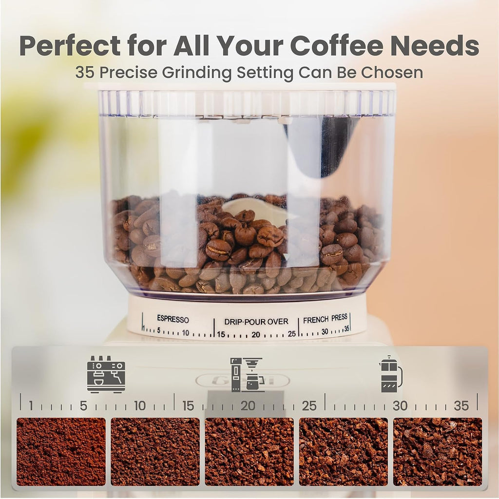 Burr Grinder,35 Grind Espresso Drip French Press,Anti-Static Beige | 35 Grind Levels for Espresso, Drip & French