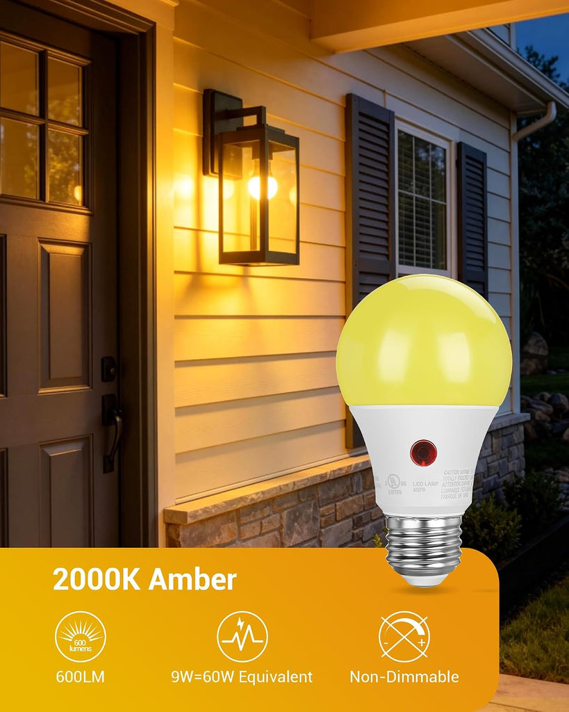 Dusk to Dawn A19 LED Bug Light Bulbs, 2000K Amber E26