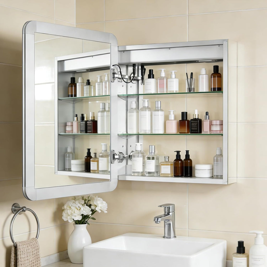 22 x 28 LED Bathroom Medicine Cabinet, Rounded Corner Aluminum Frame Lighted Mirror Cabinet with 3-Color Dimmable