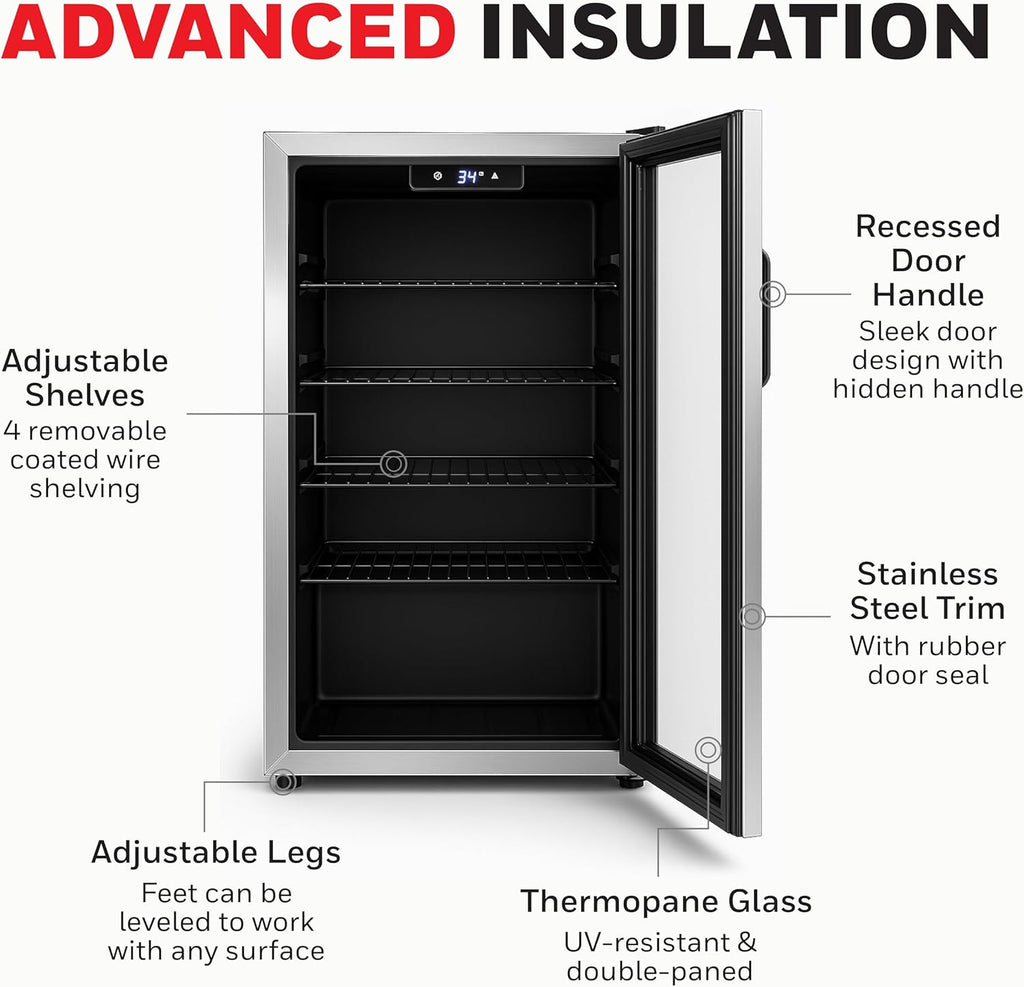 Beverage Refrigerator and Cooler, 116 Can Mini Fridge with Glass Door for Soda B