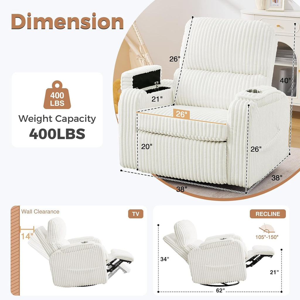 Power Nursery Recliner,26''Swivel Rocker Recliner,Adjustable Headrest,White | Extra Wide Recliner , Oversized