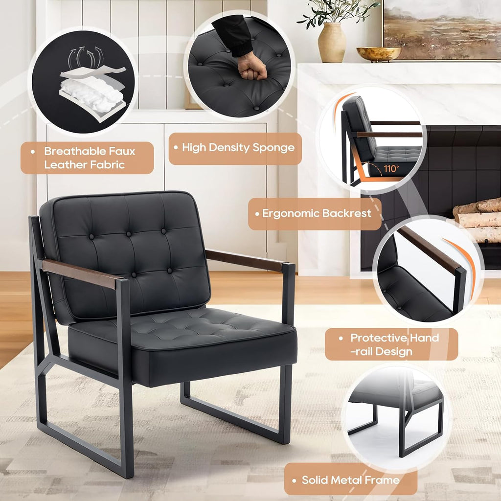 Black Leather Accent Chair, Accent Arm Chair, Comfy Armchair with Metal Legs Bedroom Reception Waiting Room