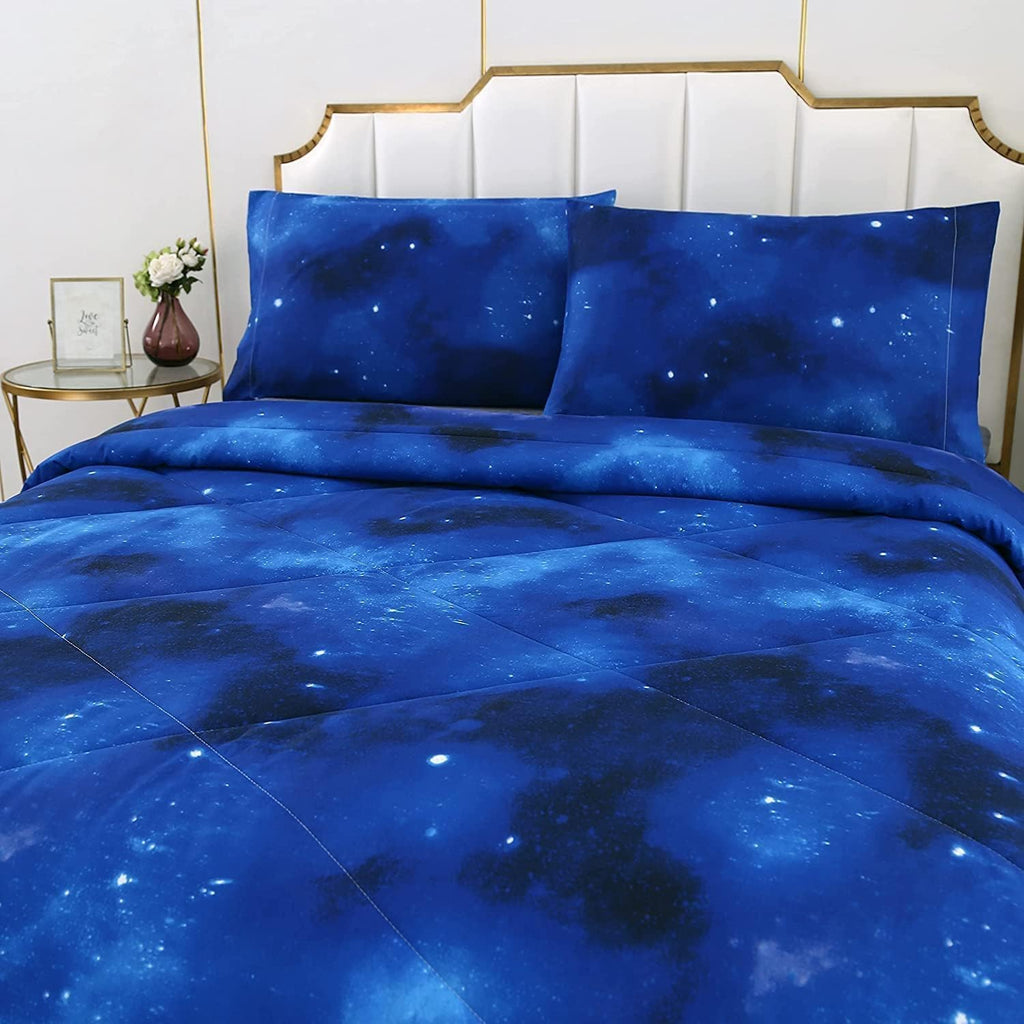 Blue Galaxy Comforter Set Full 3 Pieces, Soft Microfiber Lightweight Blue Space Comforter Full, Galaxy Bedding for