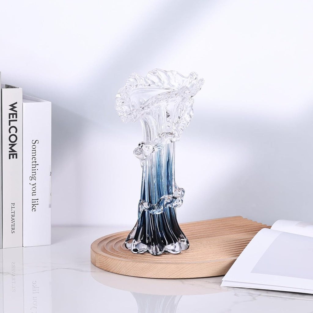 Hand Blown Blue Glass Vase, Unique Art Beautiful Ocean Glass Vase for Coastal Home Decor, Coffee Table, Living Room