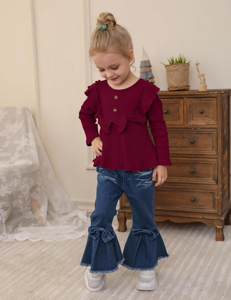 Toddler Girl Clothes Solid Color Ruffle Bowtie Top and Flare Pants 2Pcs Winter Fall Girl Outfits