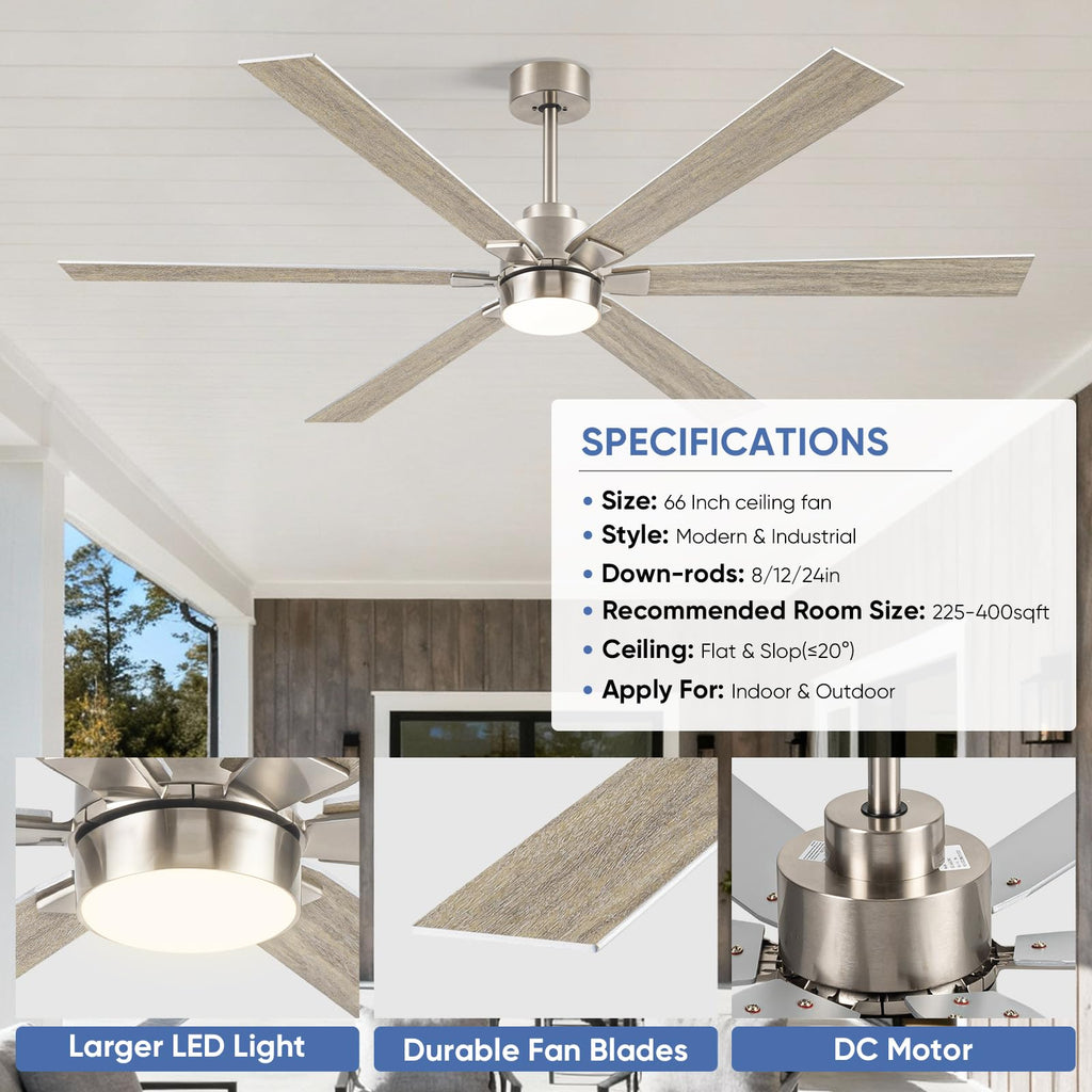 66 Inch Outdoor Smart Ceiling Fan with Light, Alexa/APP/Remote Control, 6 Modern Oak Blades Damp Rated, High CFM