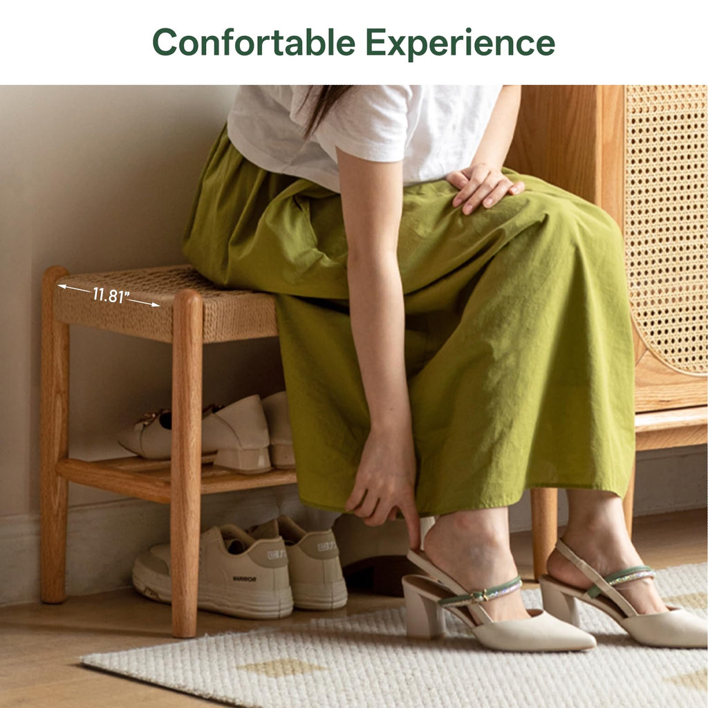 Solid Wood Shoe Bench, Woven Seat Entryway Bench for Small Spaces