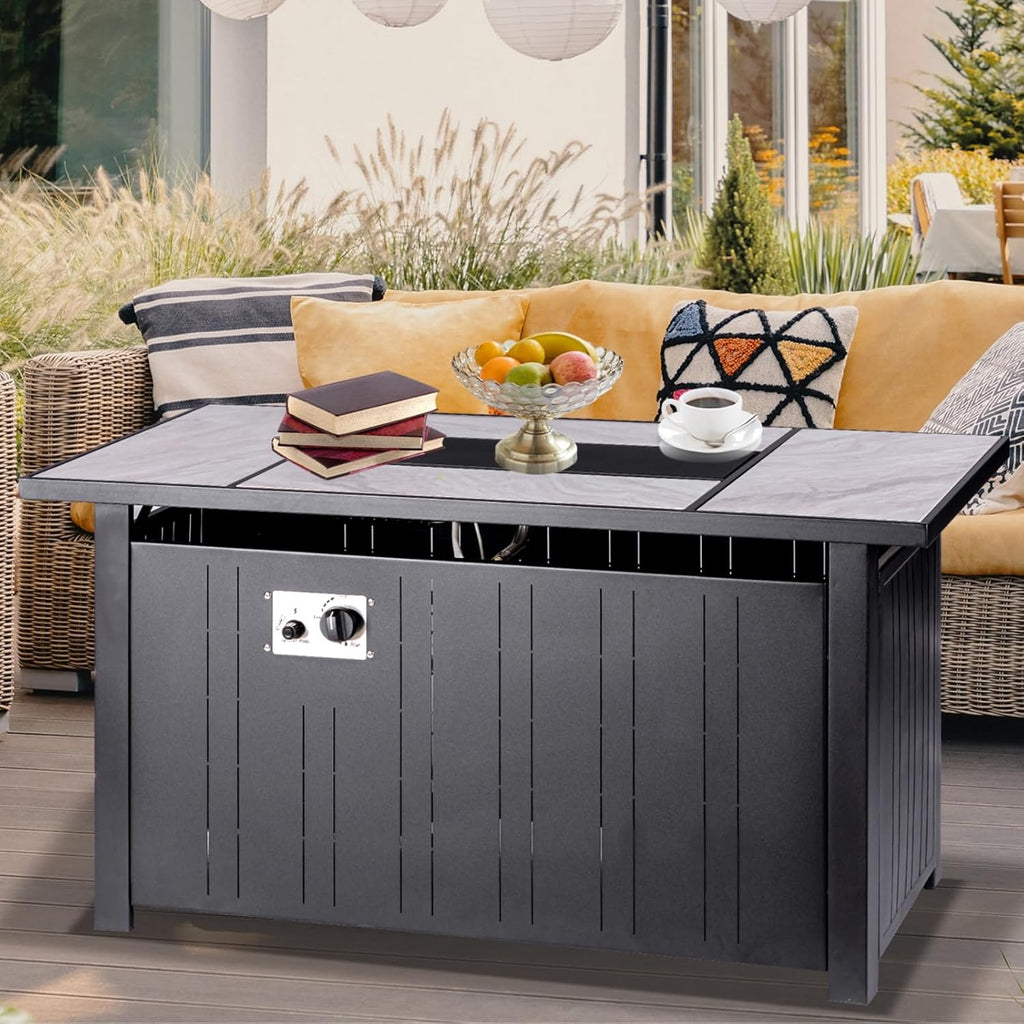 47" Propane Fire Pit Table with Real Ceramic Tabletop, 50000 BTU Gas Firepit Table with Lid & Lava Stones