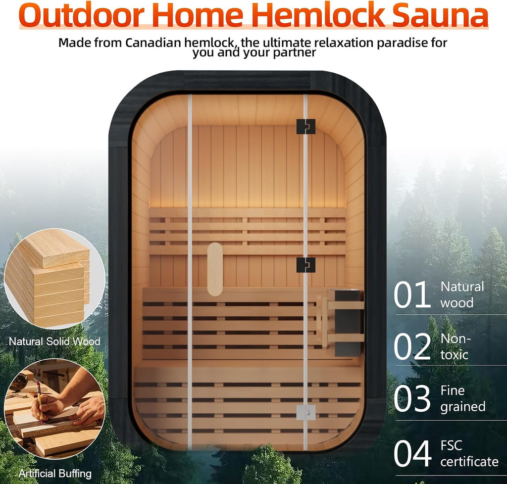 Outdoor Steam Sauna for 2 Person, Canadian Cedar Saunas Spa, Traditional Barrel Wooden Sauna with ETL-Certified 4.5KW