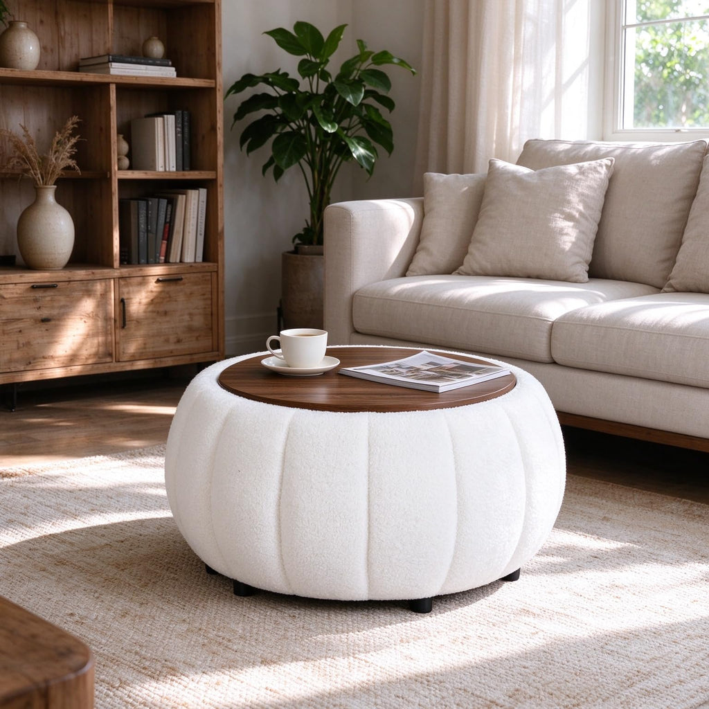30 Inches Round Ottoman Coffee Table with Storage, Upholstered Ottoman in Boucle Teddy Fabric, Wooden Top As Tray