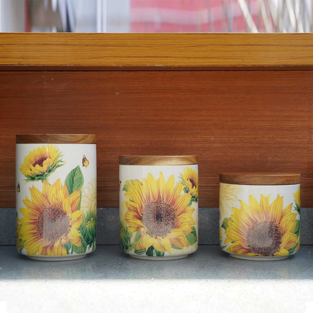 Sunflower Ceramic Canister Sets Counter,Tea Coffee Sugar Canister Set with Bamboo Lid - Set of 3