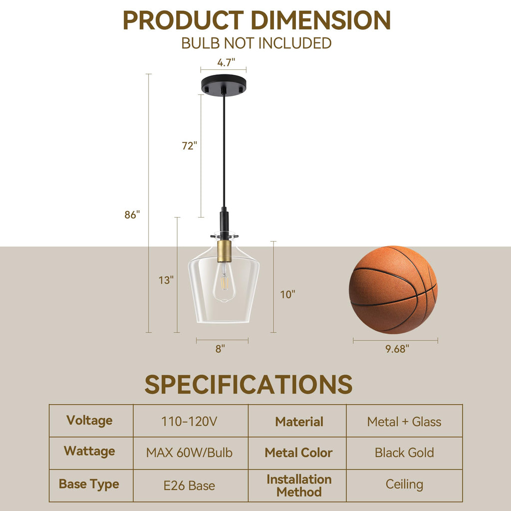 Modern Pendant Light Fixture Island, Farmhouse Black and Gold Brushed Brass Adjustable Hanging Light With Clear